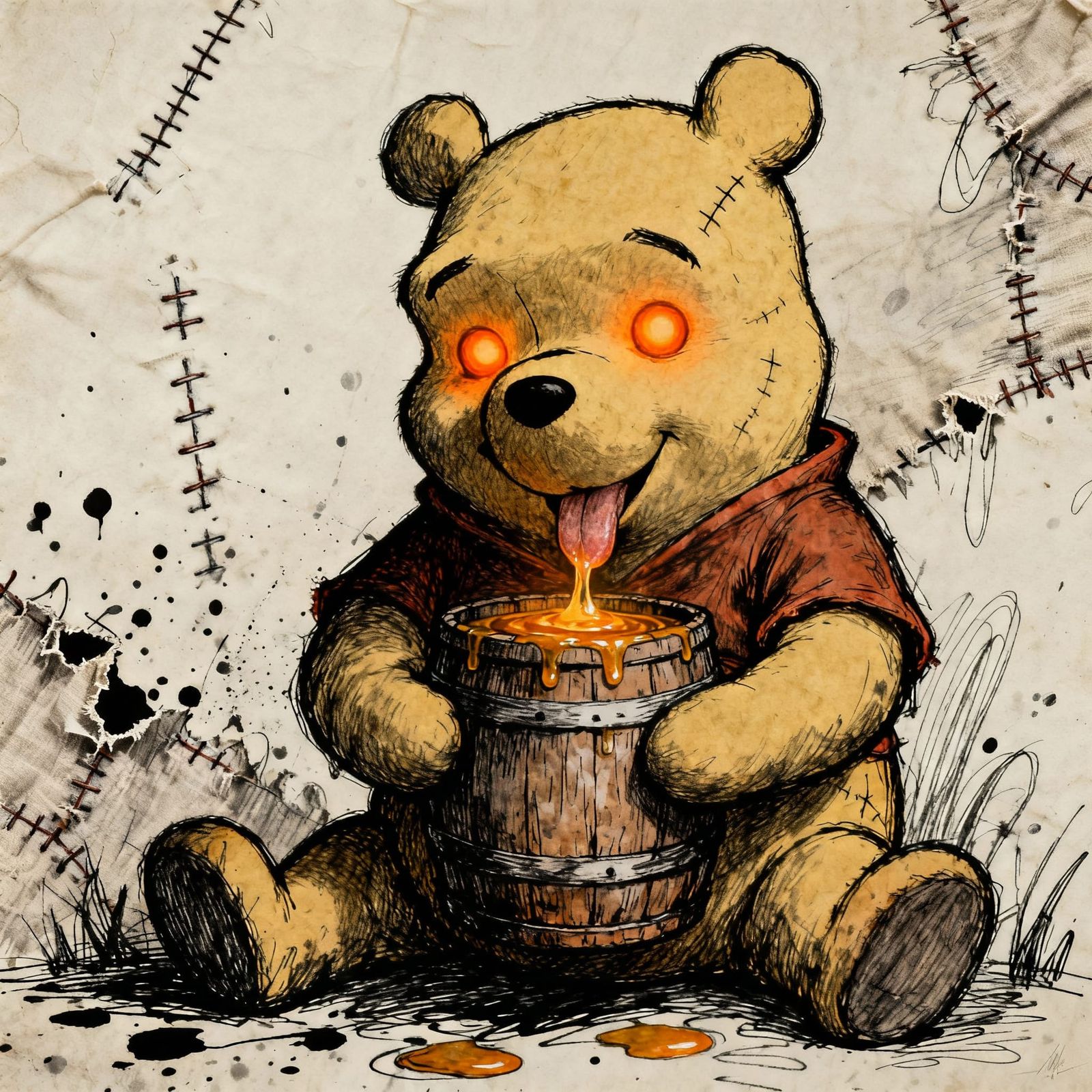 Winnie the Pooh Enjoys Honey in Dark Sketch Style