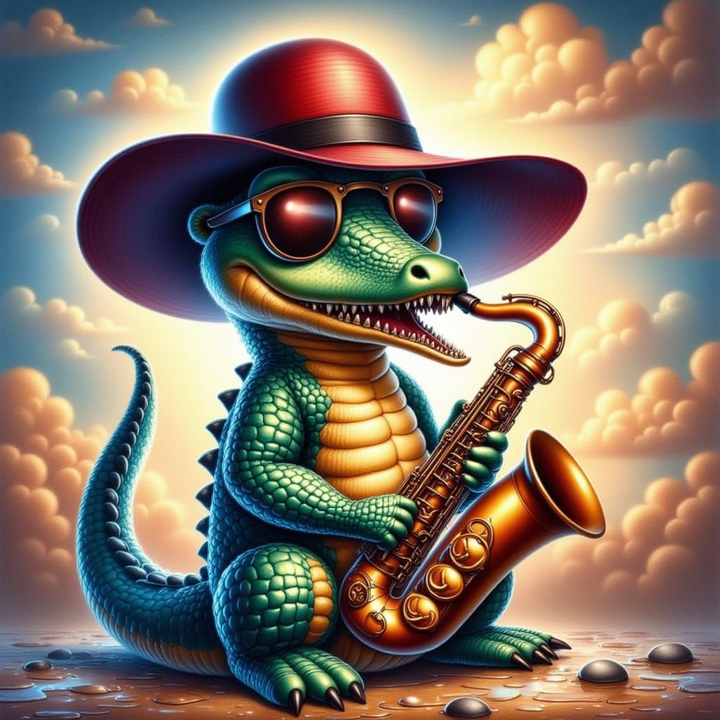Cool Crocodile Playing Saxophone in Pop Surrealism Style