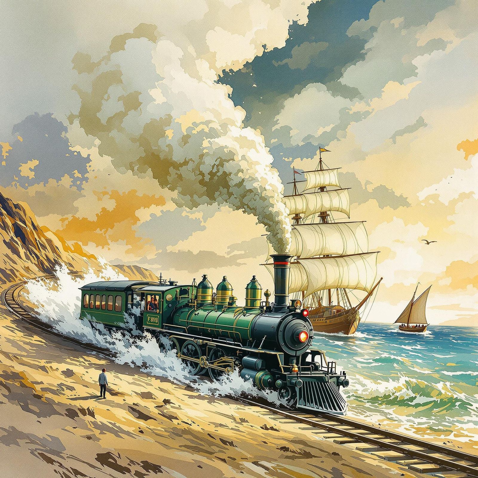 Green Steam Train Races Boat: Gouache Watercolor Sketch