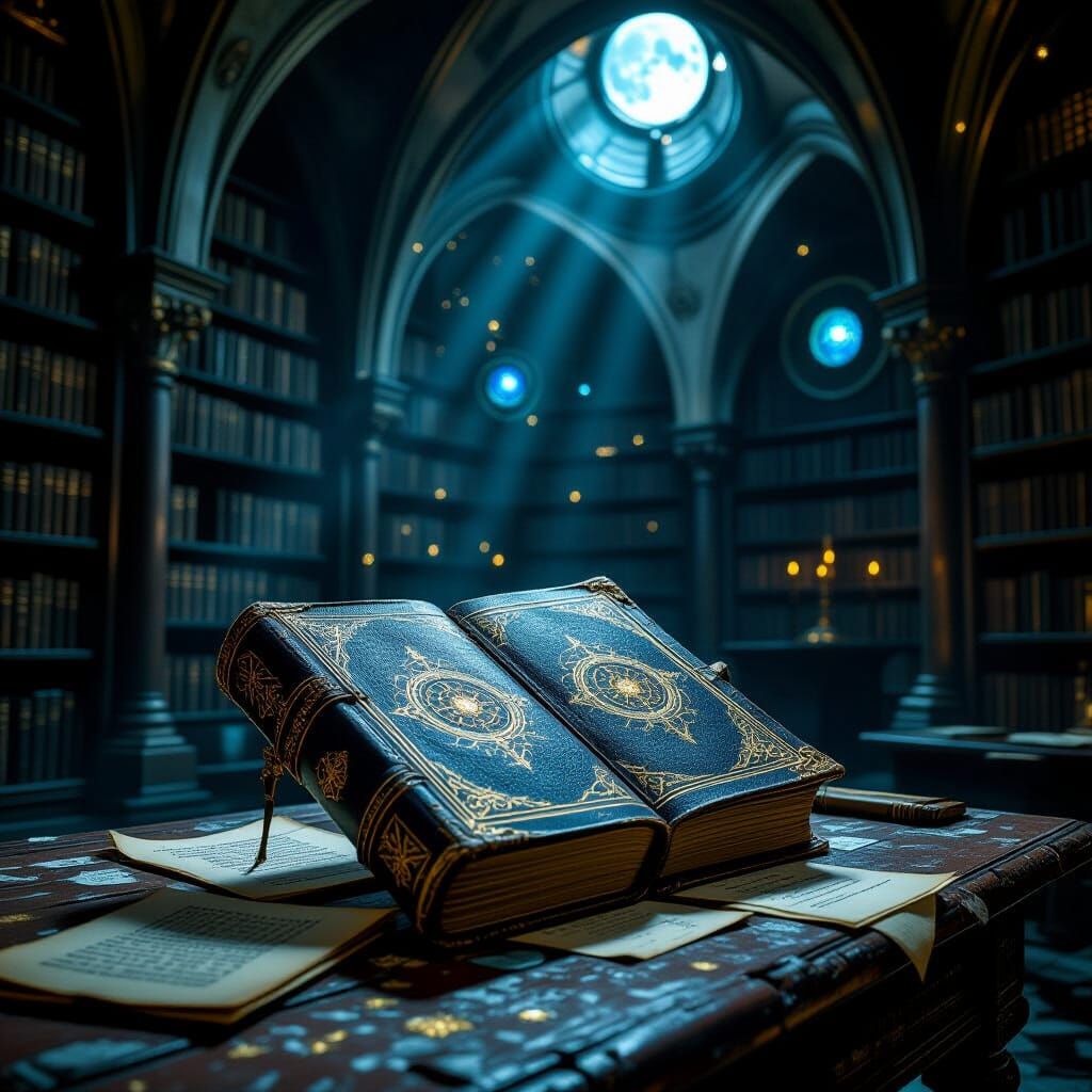 Medieval Library with Open Book in Dark Fantasy Style