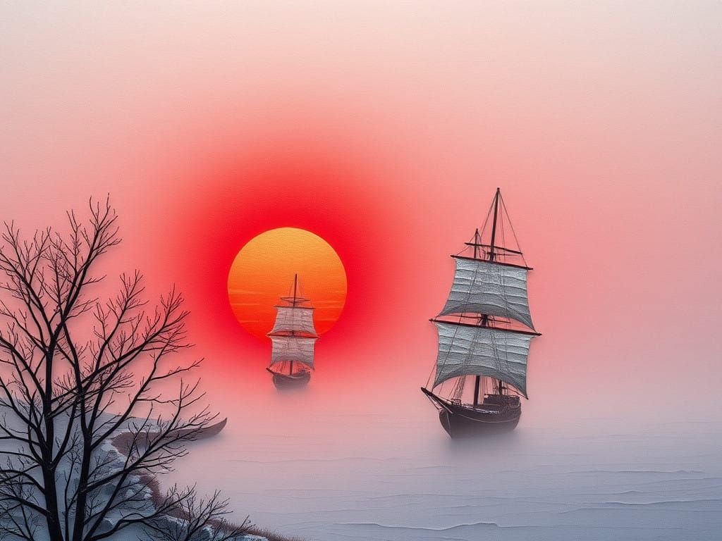 Impasto Painting of Ships Sailing Through Foggy Seine Winter...