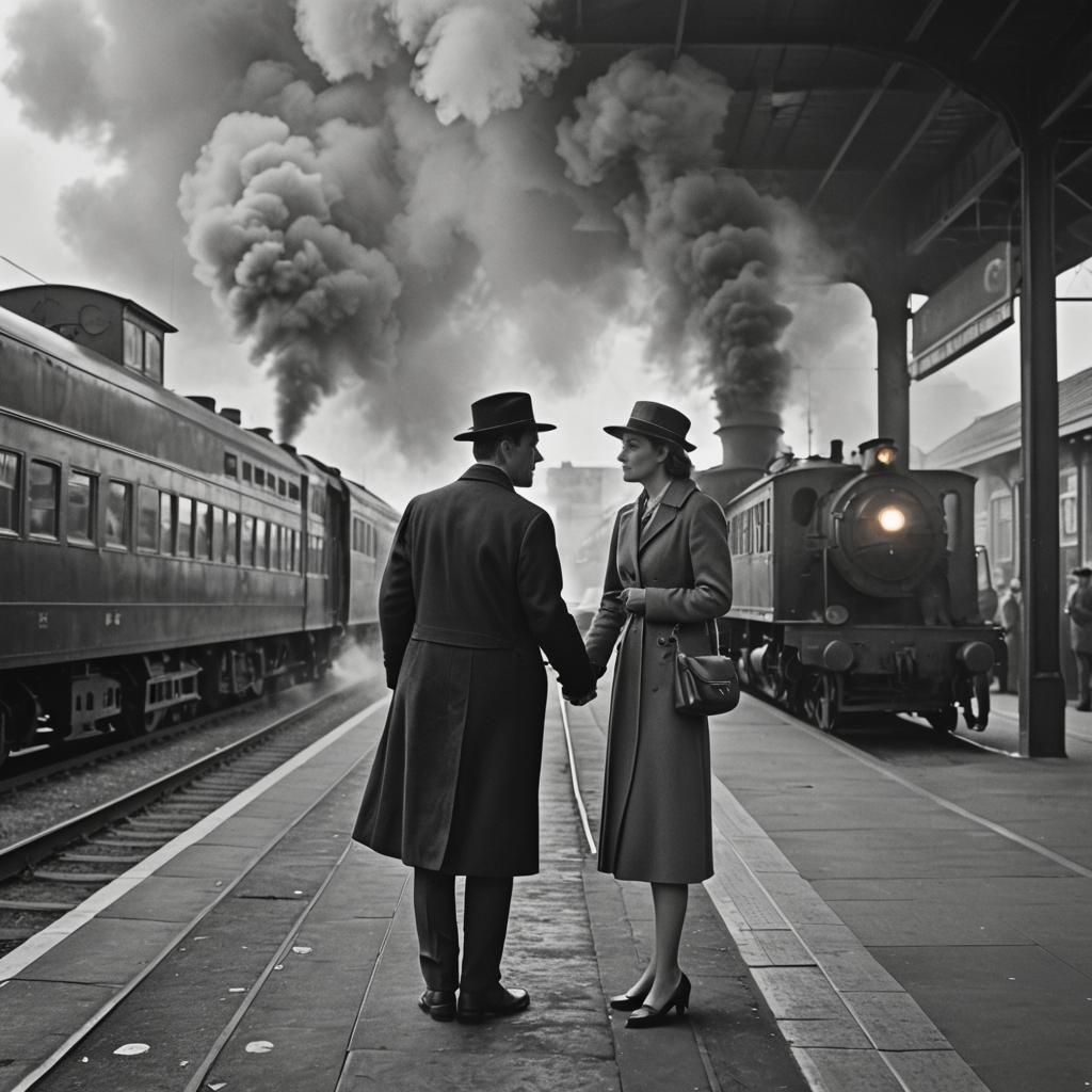 Emotional Goodbye at Train Station: Black and White Film