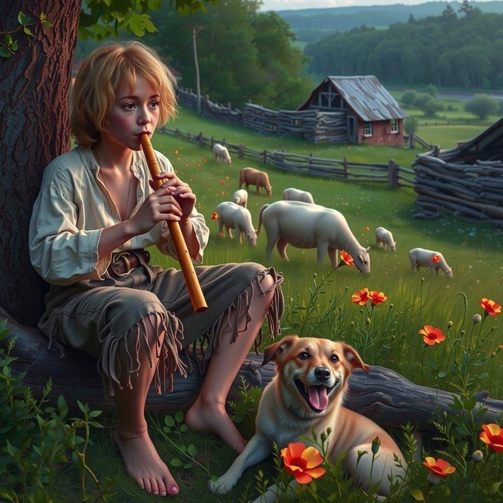 Flute Player in Serene, Golden Light Setting