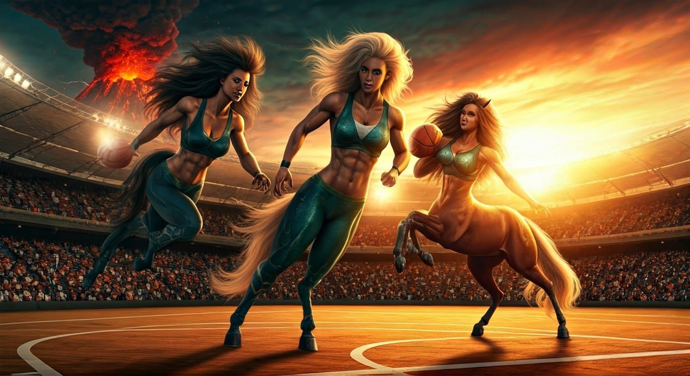 Three Female Centaurides are playing basketball on a modern court against a backdrop of erupting volcanoes