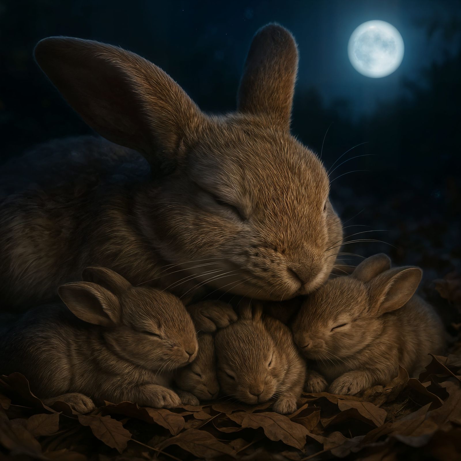 Mother Rabbit Sleeps With Baby Bunnies Under Moonlight