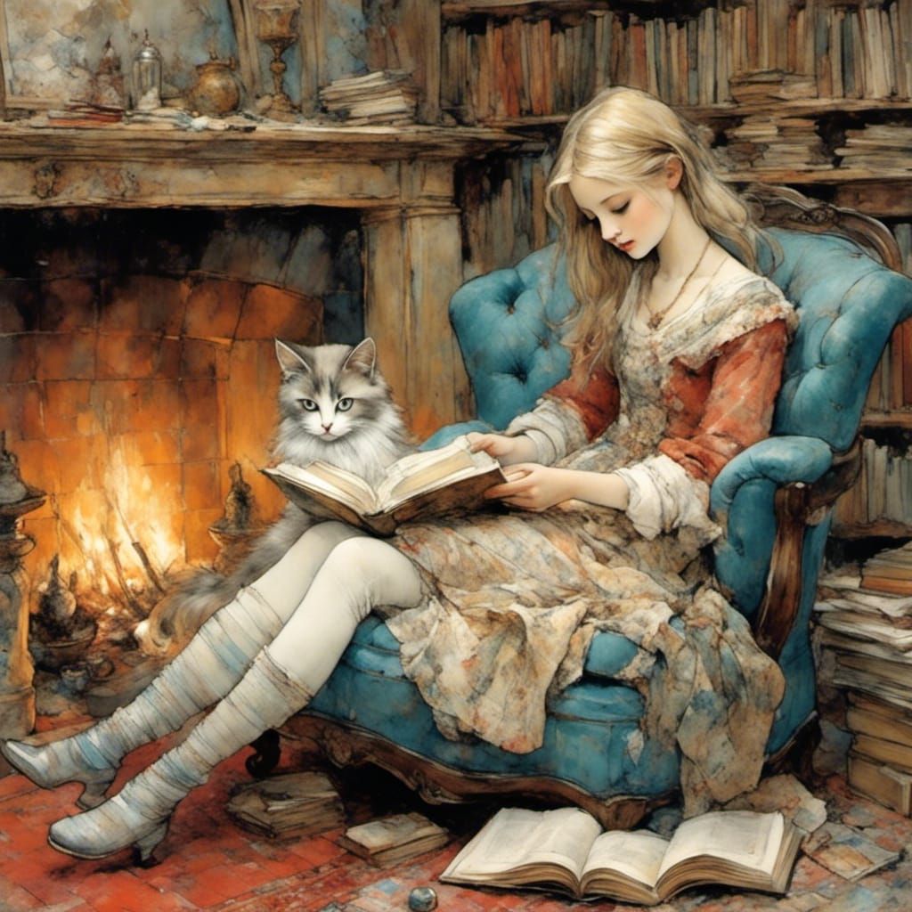 Girl Reading by Fireplace in Warm Hues