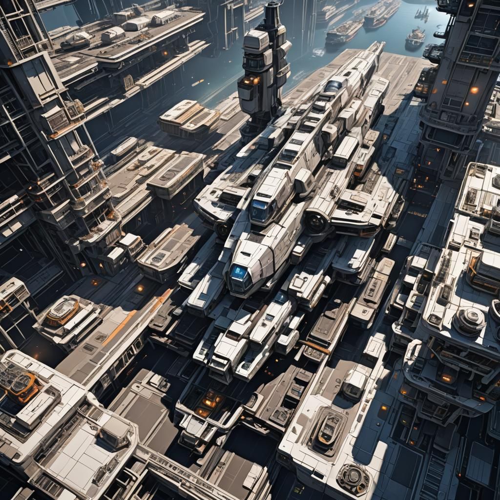 Anime Style Interstellar Warship Shipyards in 3D
