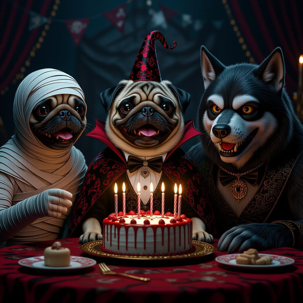 Pugs as Dracula at Spooky Birthday Party