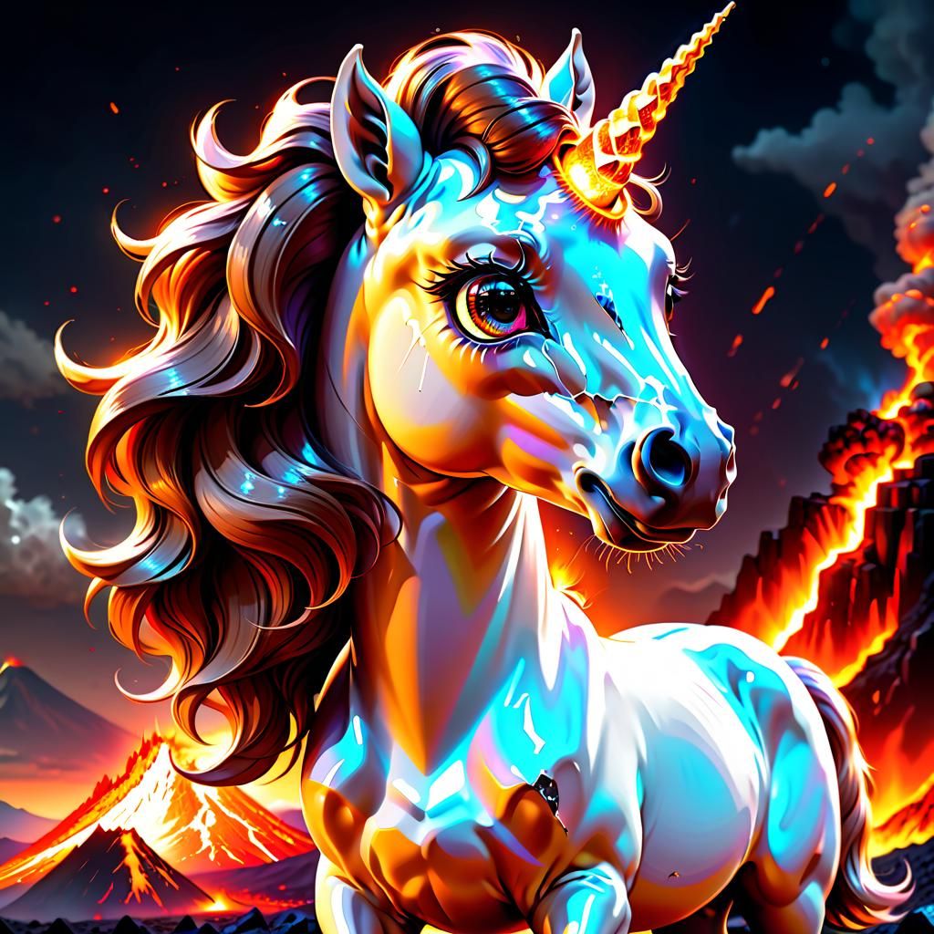 Luminescent Magma Unicorn Rearing in Anime Style