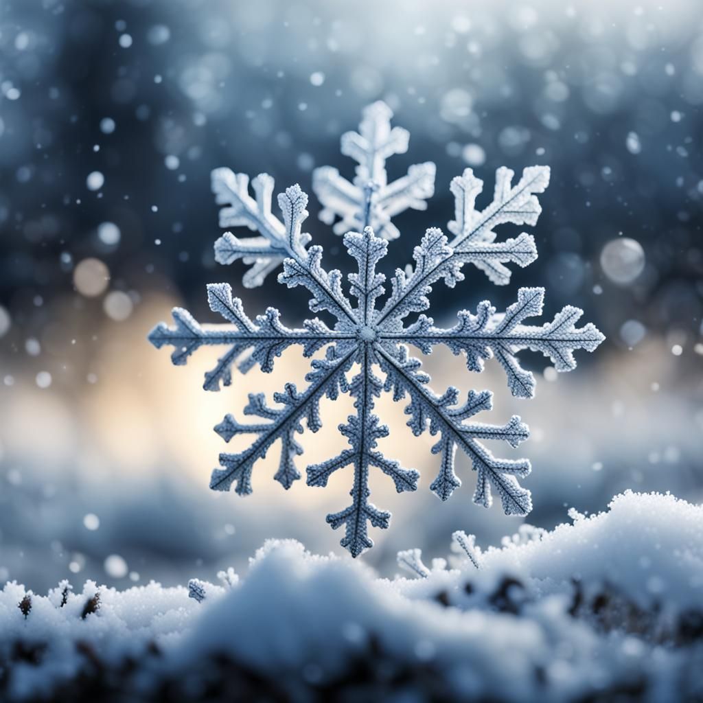 Detailed Snowflake Falling in Snowy Landscape: Hyperrealisti...