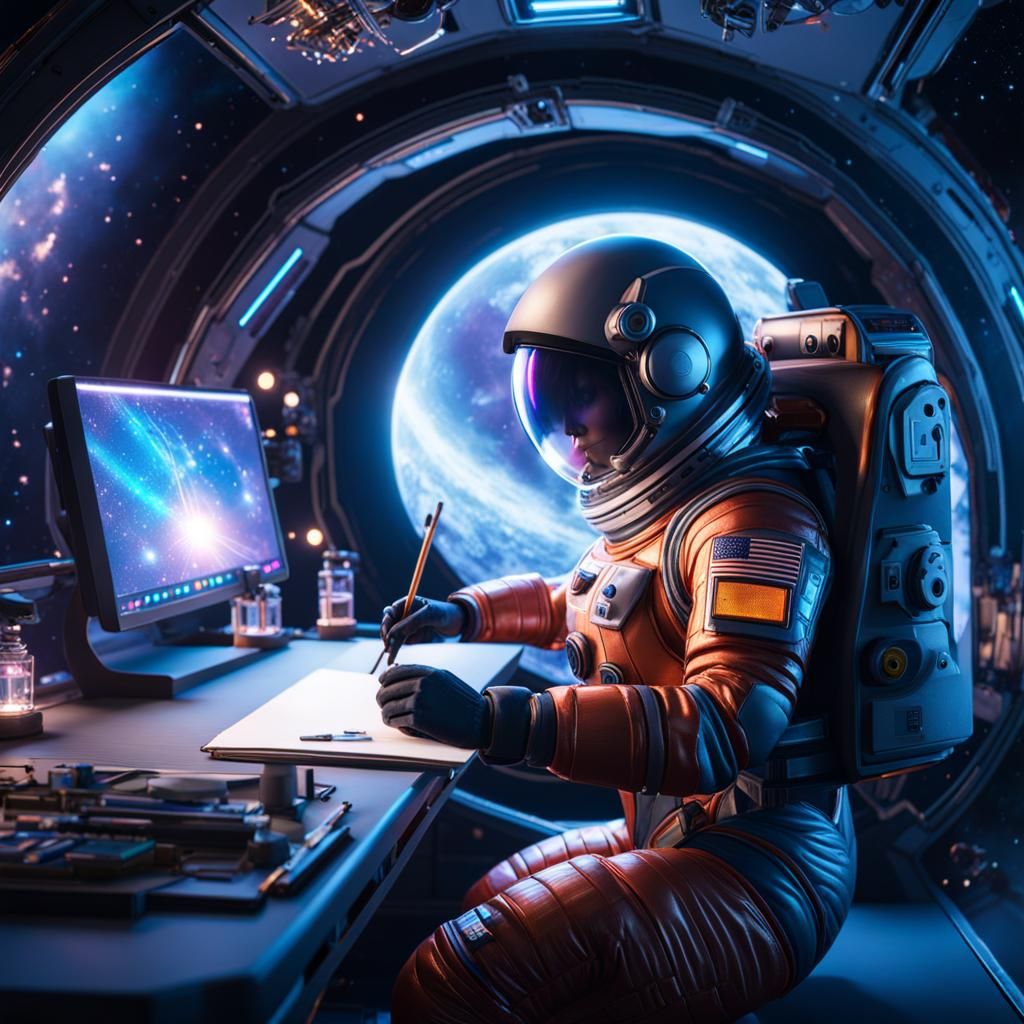 Artist in Spacesuit Sketching in Galaxy: 3D Game Art