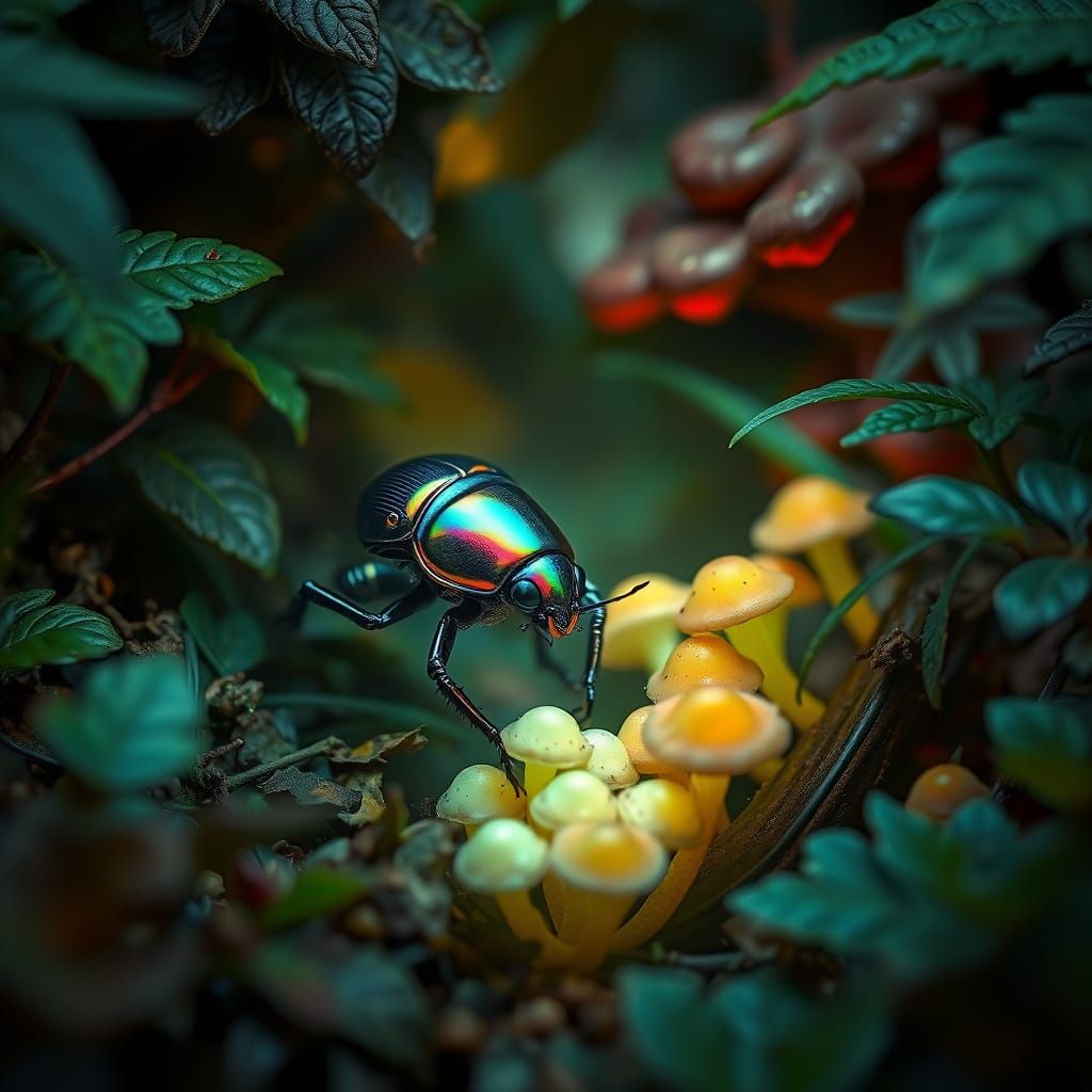 Iridescent Robot Beetle in Alien Jungle