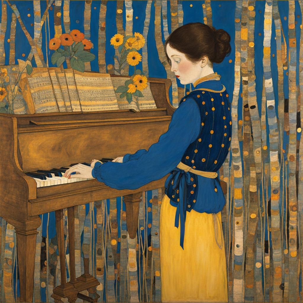 Piano Strings Figure in Darger-Klimt Style