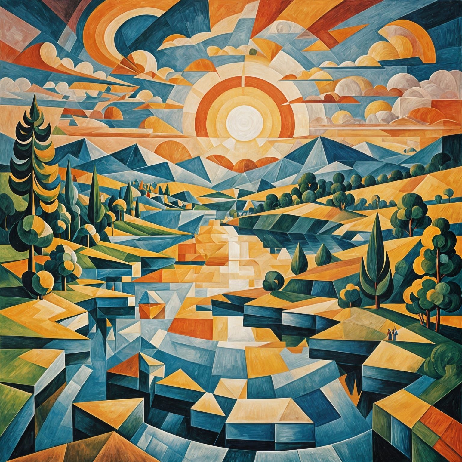 Cubist Lake Sunset, Geometric Oil Painting