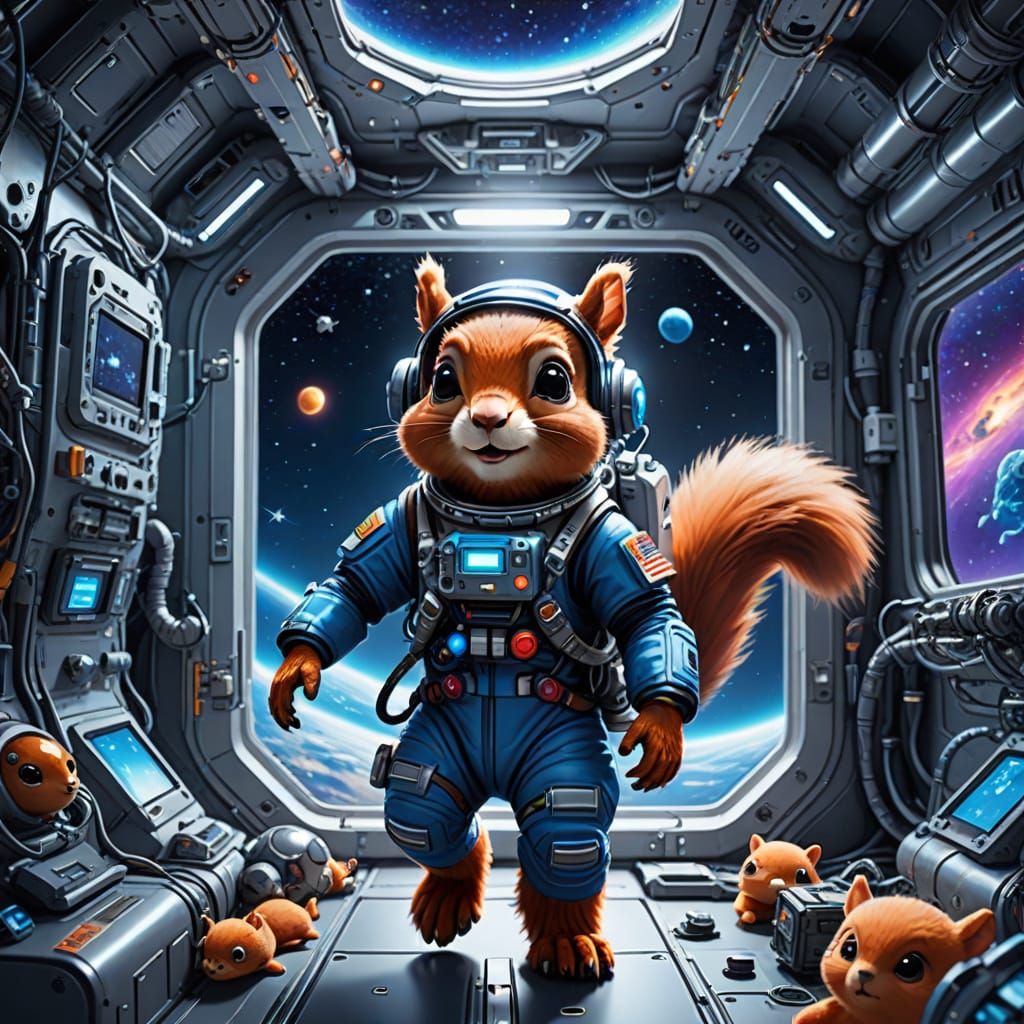Cute Squirrel in Space Suit Chases Toddlers in Whimsical Spa...