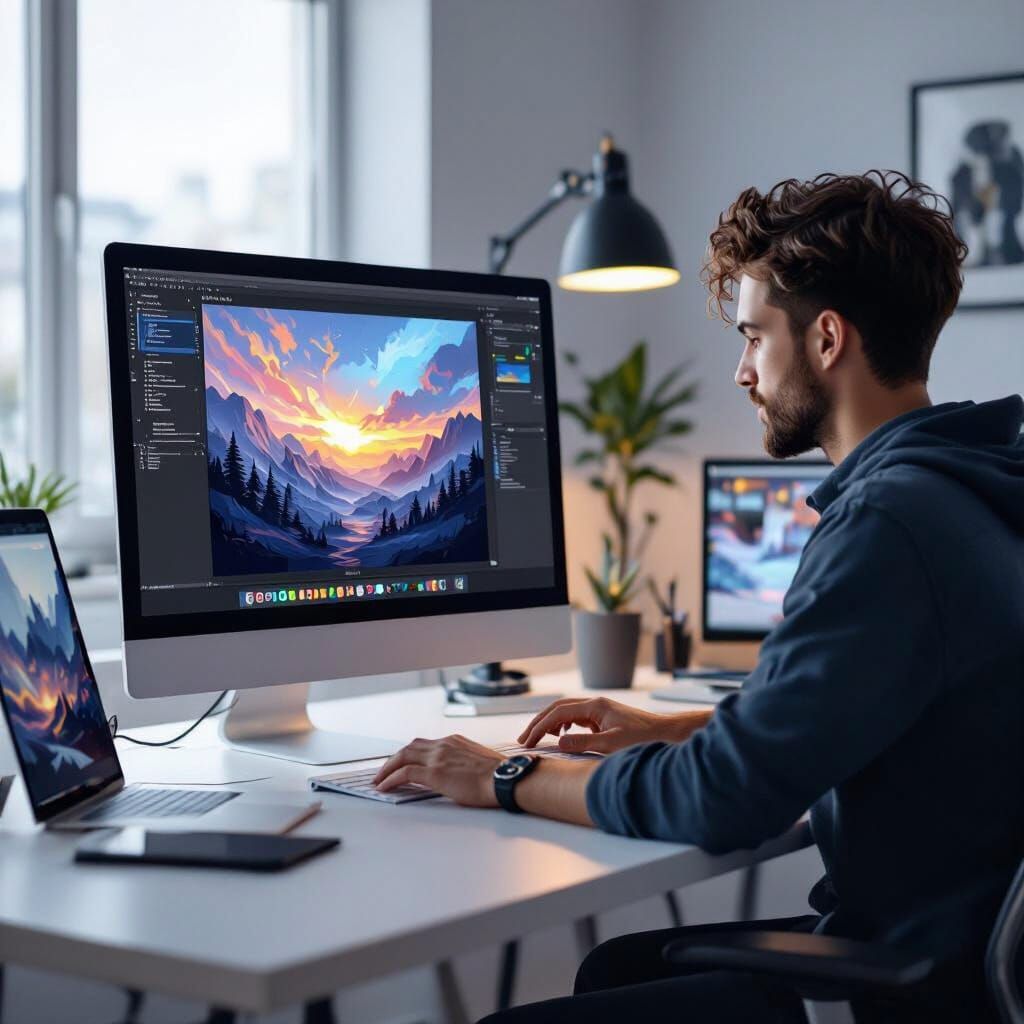 Image Editing in Minimalist Office, Digital Art