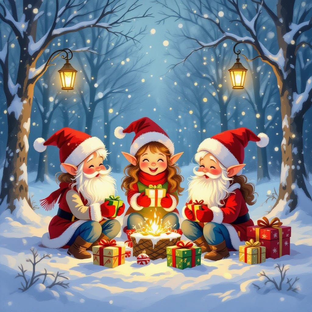 Christmas Elves in a Magical Snowy Winter Forest