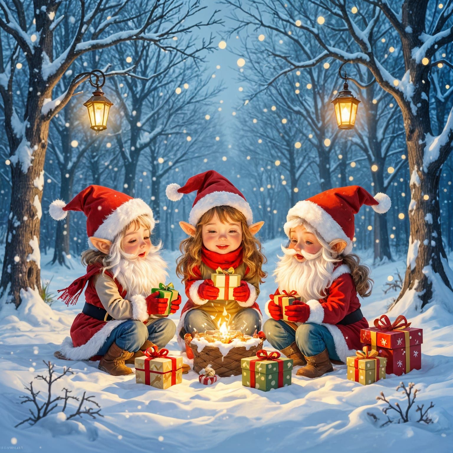 Christmas Elves in a Magical Snowy Winter Forest