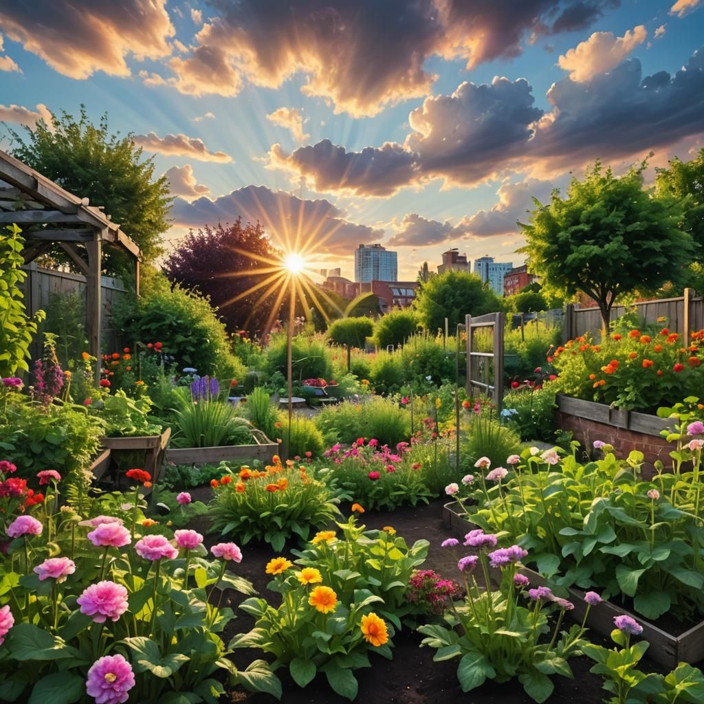 Urban Garden Under Multicolored Sky