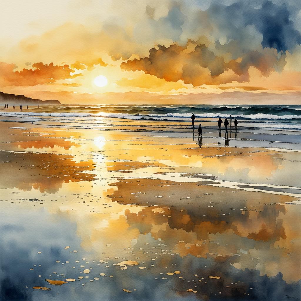 Sunset Beach Reflections in Digital Watercolor Art