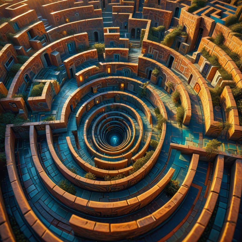 Surreal Optical Illusion Maze in Vibrant Triadic Colors