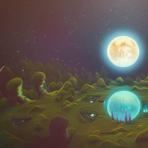 Mystical Moon Over Forest City, Holographic Illustration