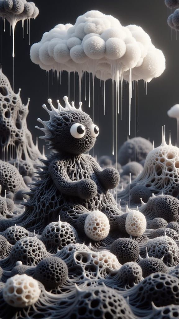 Whimsical Yarn Creature Knitting a Storm Cloud in Surreal La...