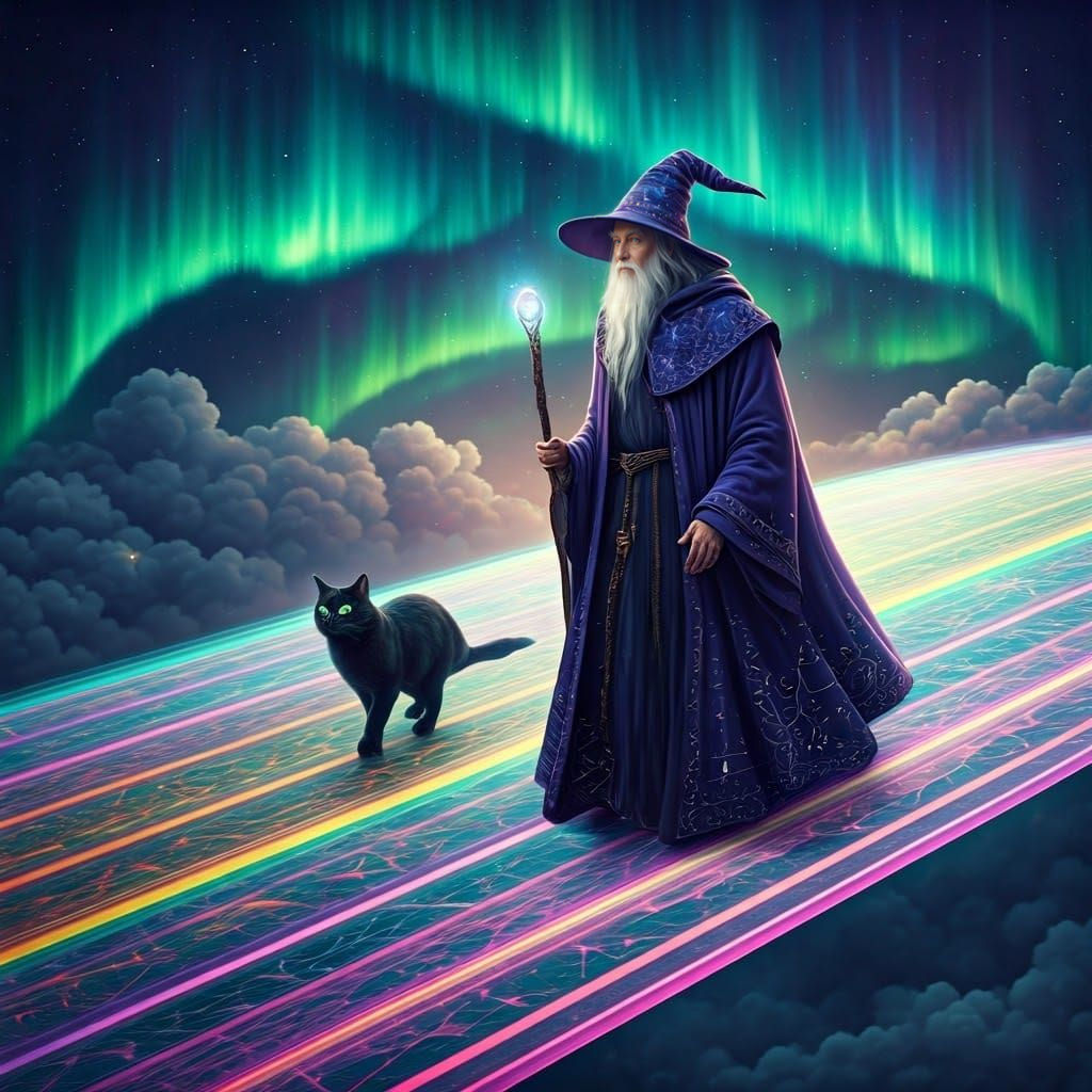 Epic Wizard and Majestic Cat Walk the Cosmic Rainbow Bridge