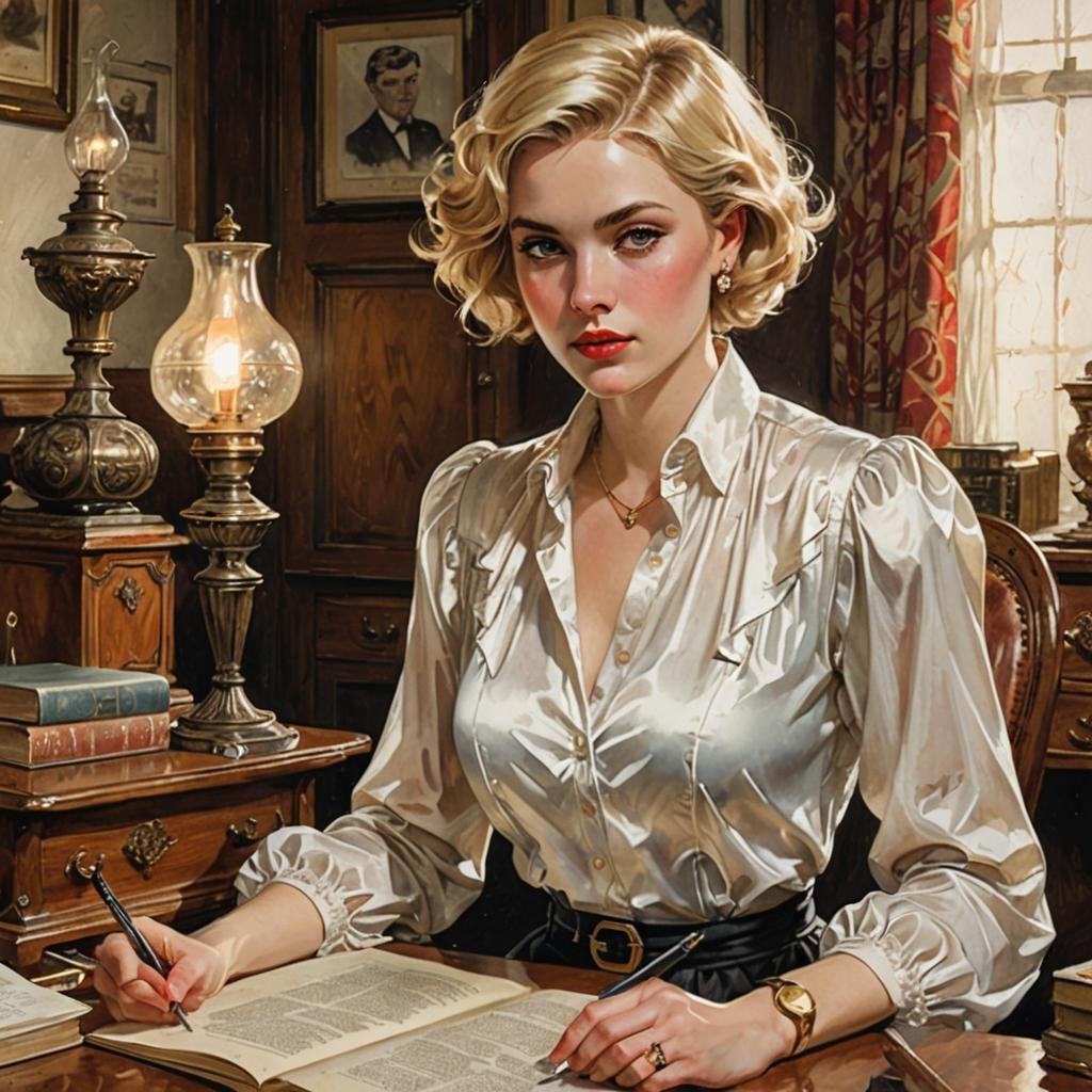 Vintage Watercolor of Woman at Antique Desk