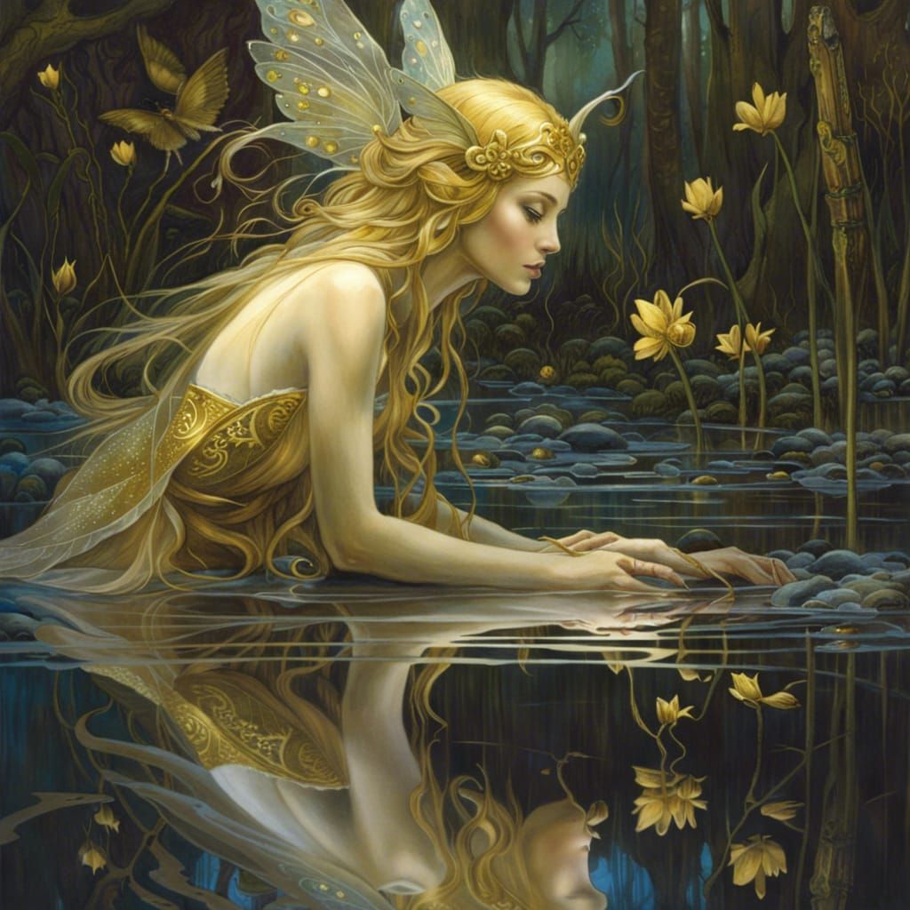 Fairy Princess and Reflection in Pen-and-Ink Style