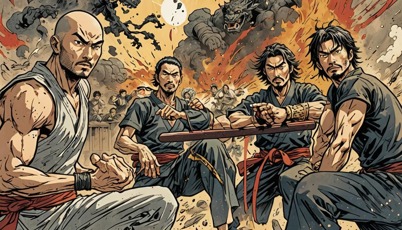 Dynamic Martial Arts Battle in Japanese Comic Style