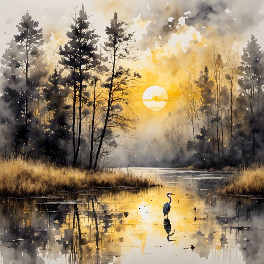 Dawn Lake Heron in Antique Watercolor Style