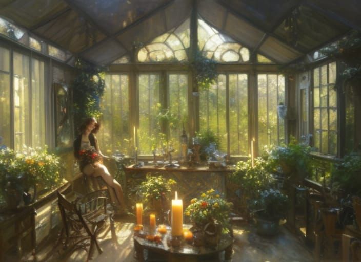 Cozy Cottage Sunroom Oil Painting with Flowers