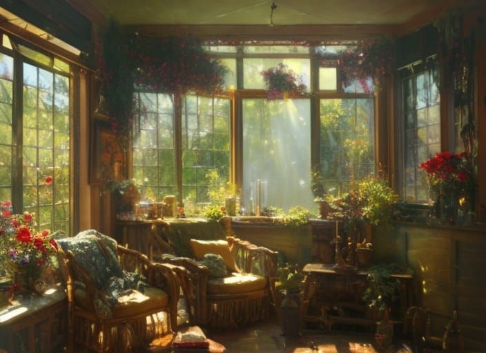 Cozy Cottage Sunroom: Hyper-Detailed Oil Painting