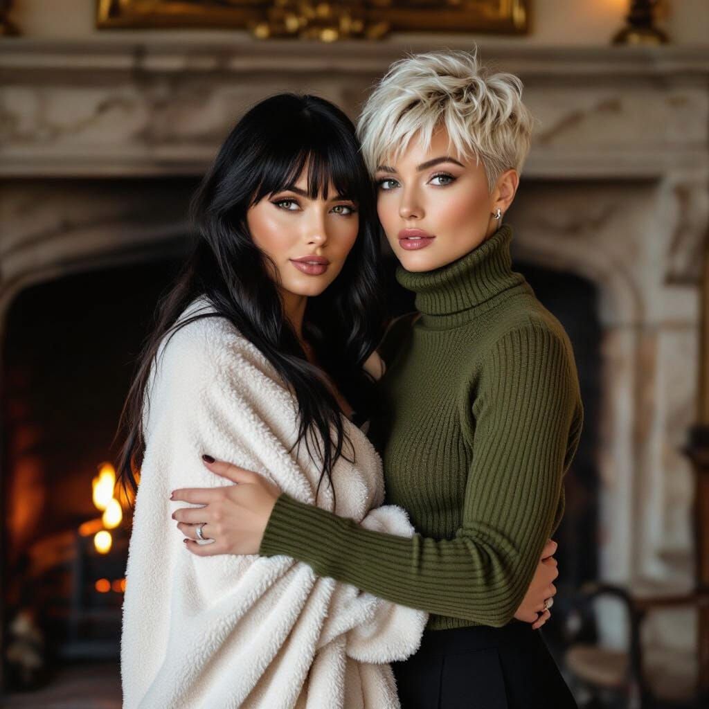Women Embrace by Fireplace in English Mansion