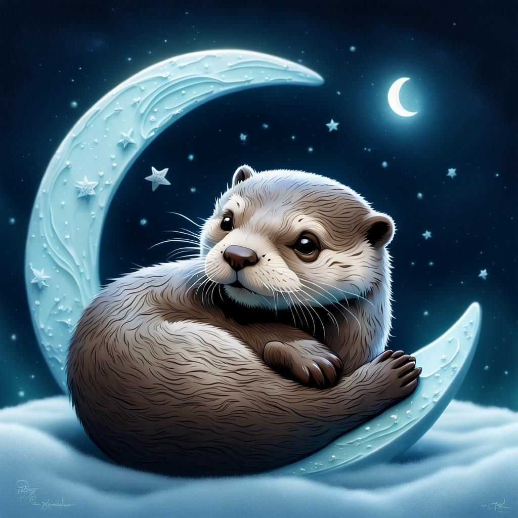 Whimsical Lunar Oasis with a Slumbering Otter