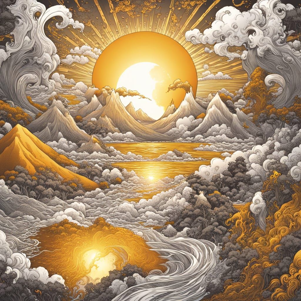Elaborate Liquid Ink Illustration in Golden Light