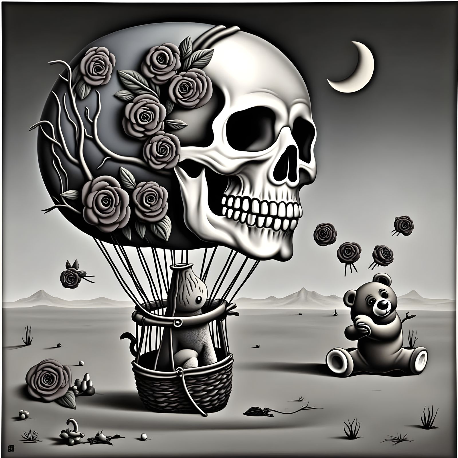 Skull Balloon Ride: Teddy Bears in 1930s Cartoon Style