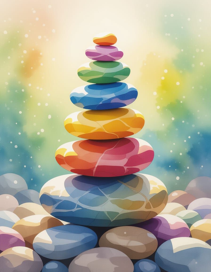 Rainbow Pebble Cairn Watercolor Painting