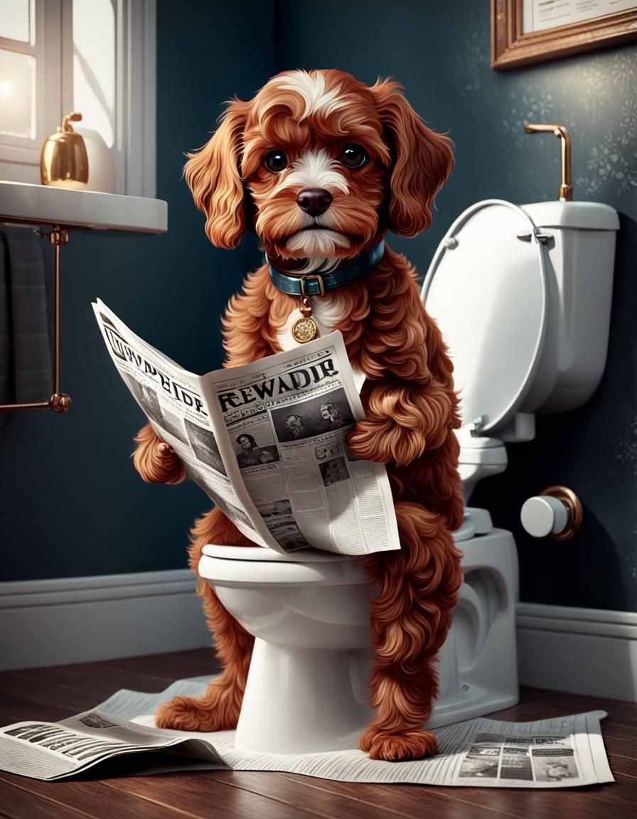 Red Cavapoo Reads Newspaper: Matte Painting