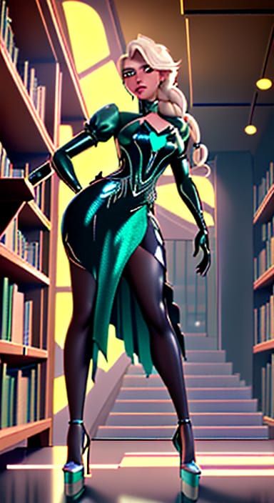 The image features a Elsa in a dazzling outfit set against a backdrop of bookshelves filled with various books. The char...