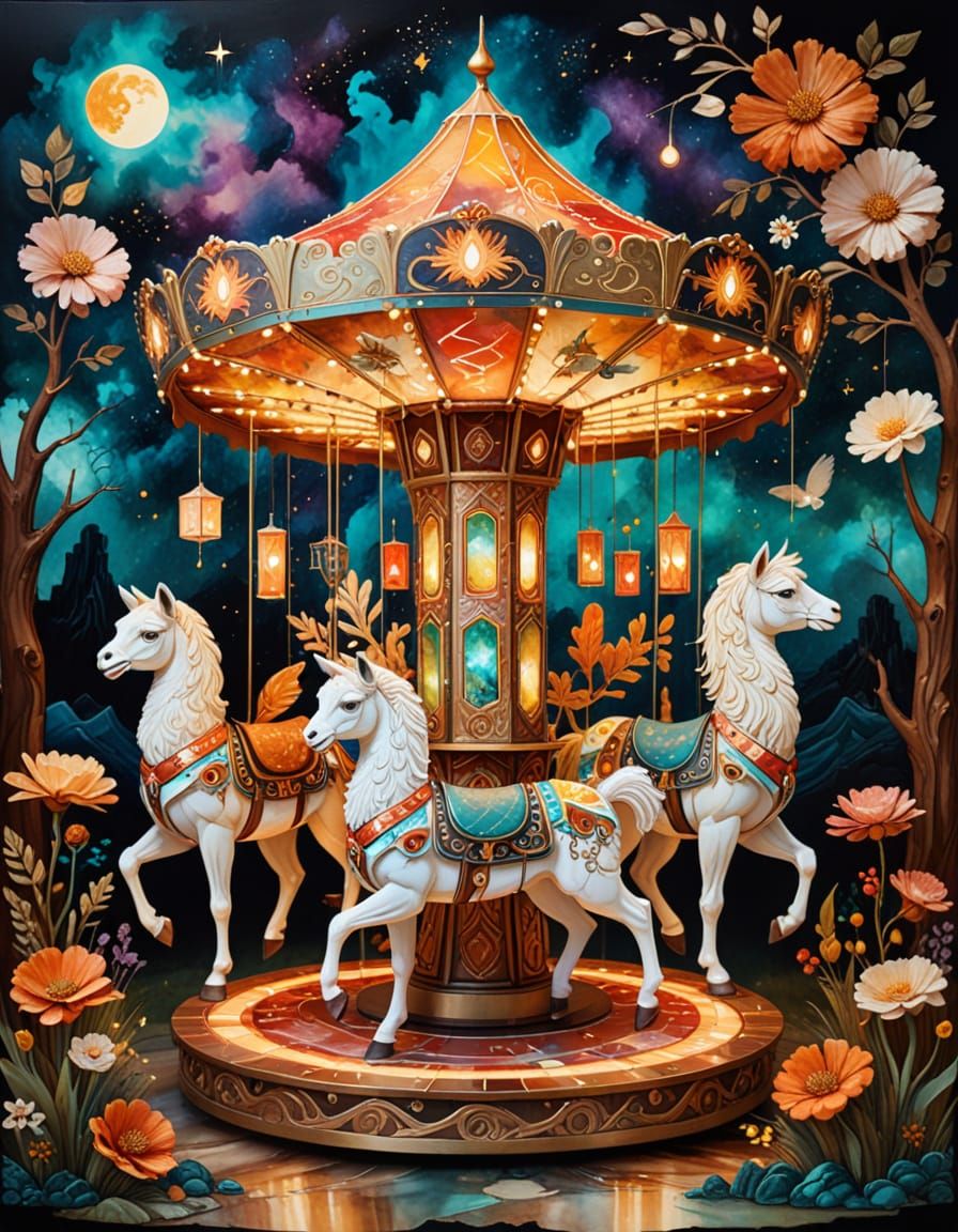 Mythical Creature Carousel at Night in Dreamlike Surrealism