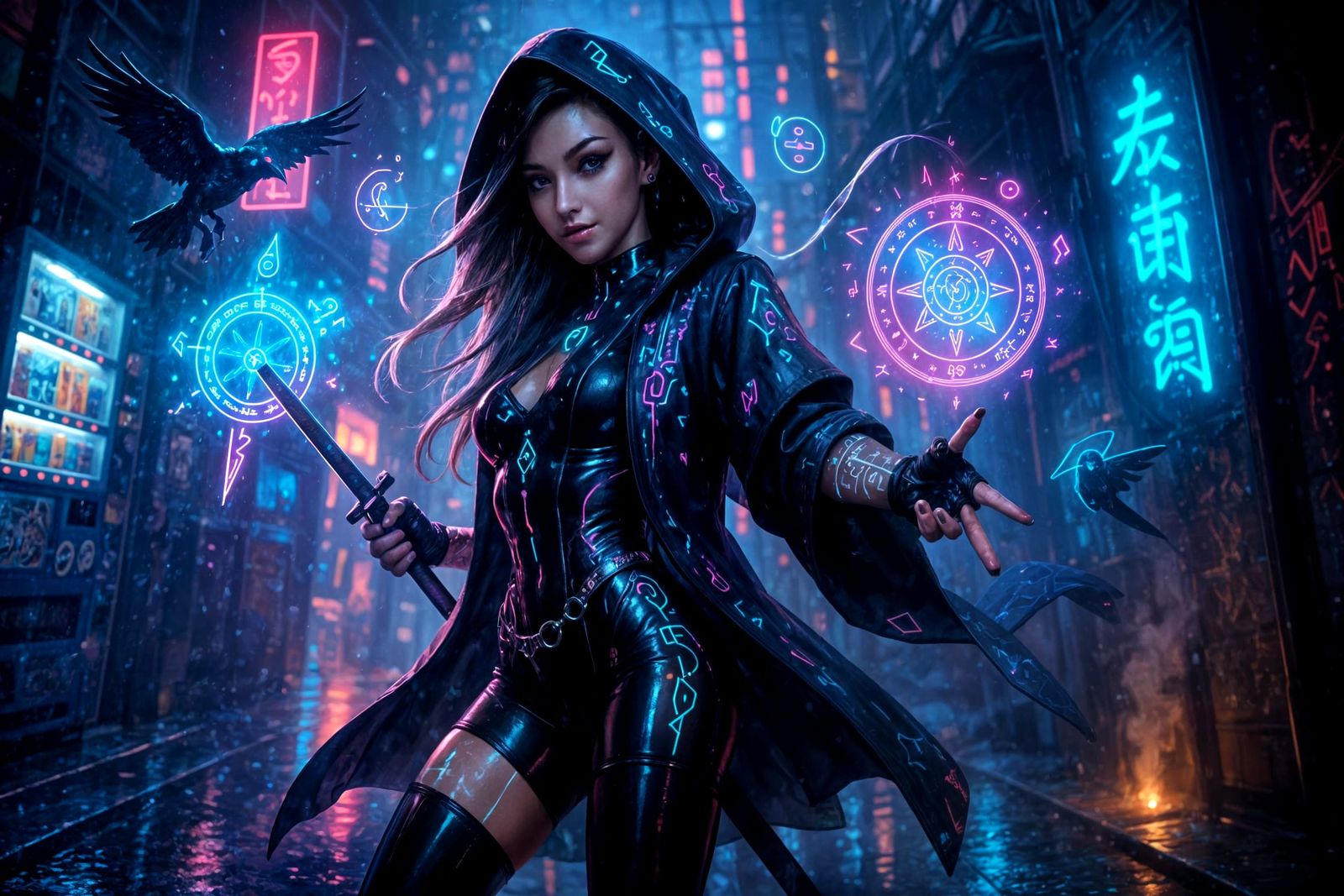 Cyberpunk Witch in Shinjuku with Neon Runes