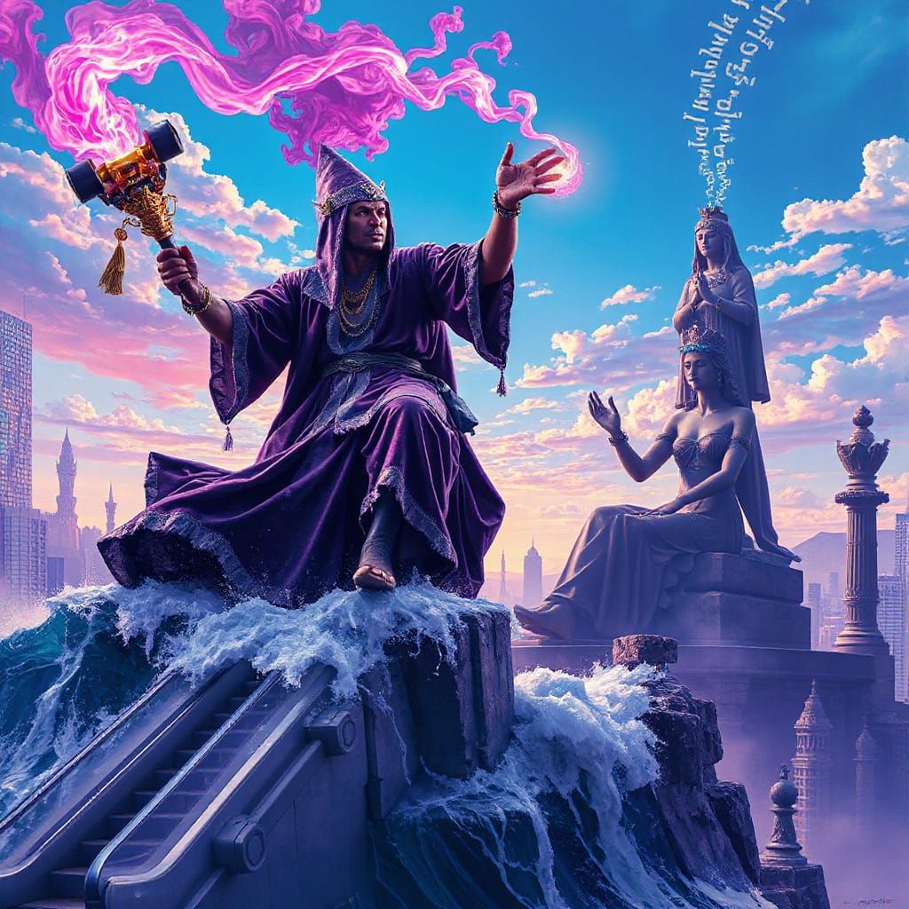 Blunt Mage Rides Vaporwave Through Chessboard City