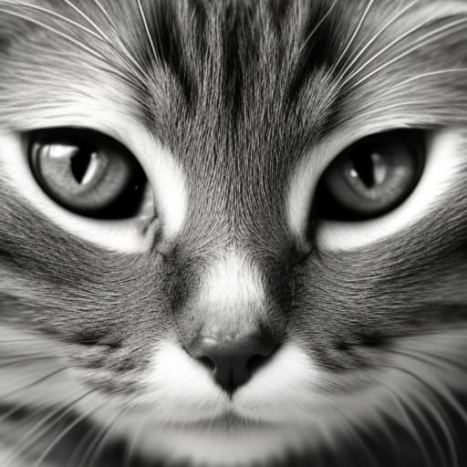 Detailed Black and White Close-Up of a Cute Cat