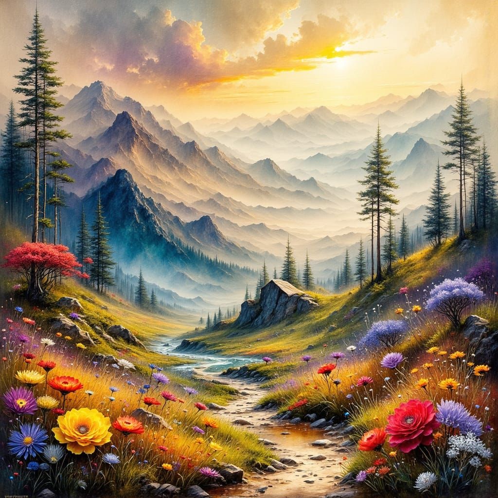 Summer Mountain Landscape in Watercolor Style