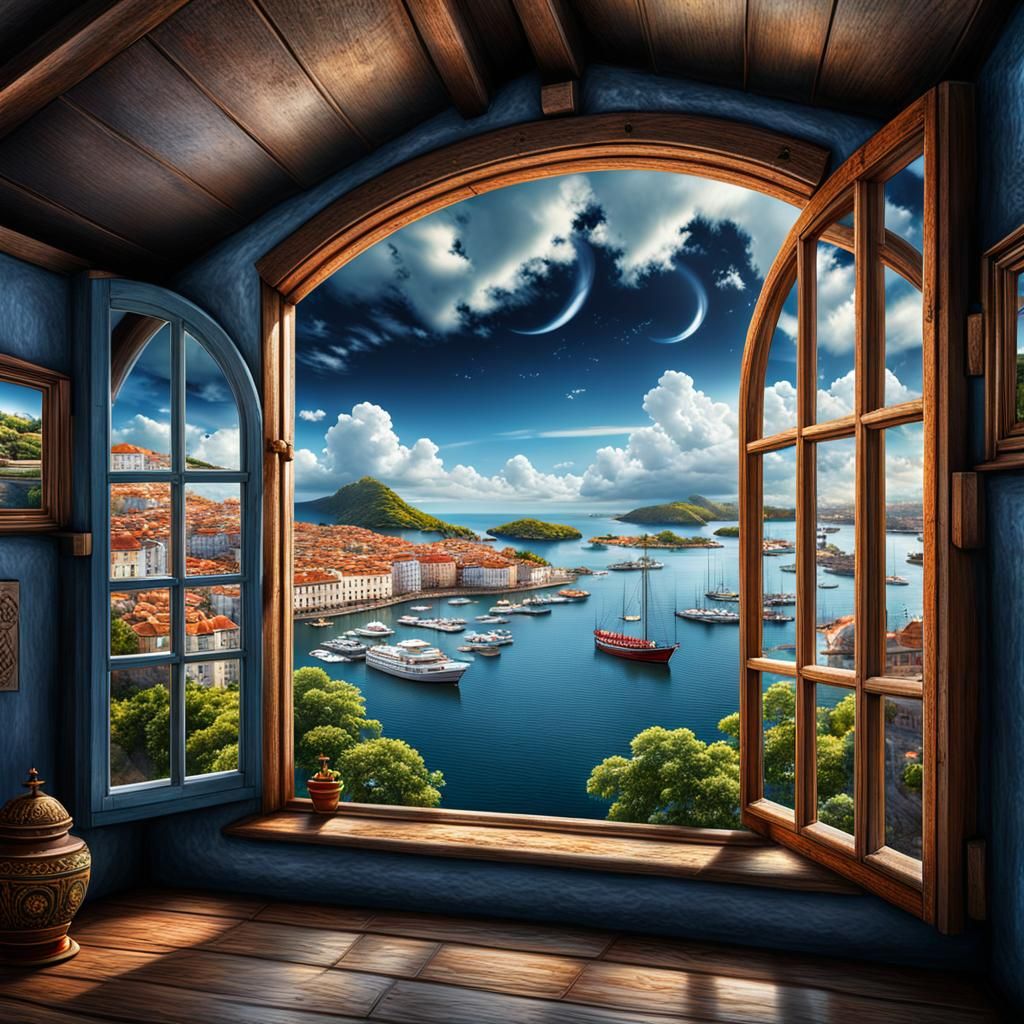 Attic Window Overlooking Exotic Harbour in Hyperrealism