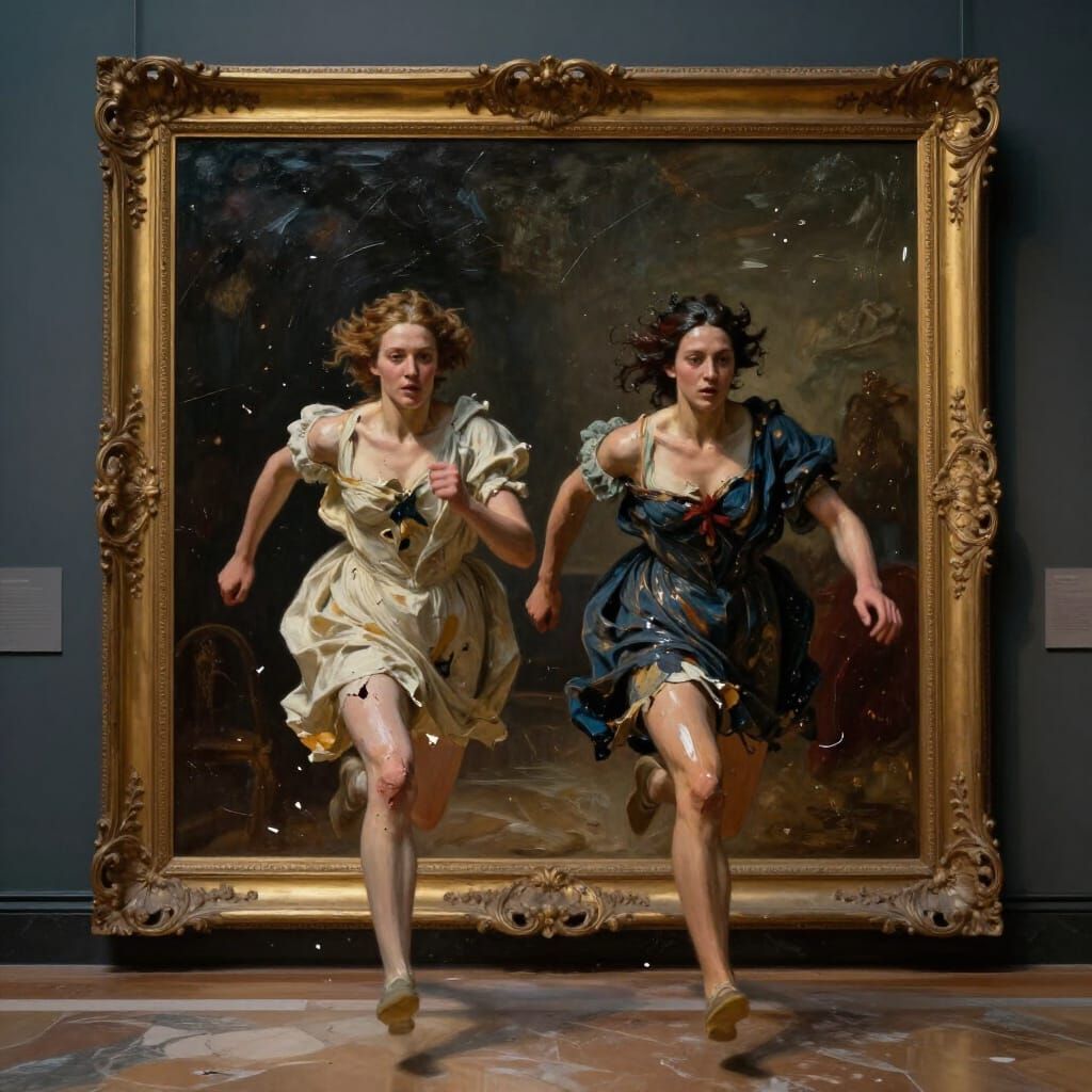 Figures Bursting From Baroque Painting Into Museum Gallery