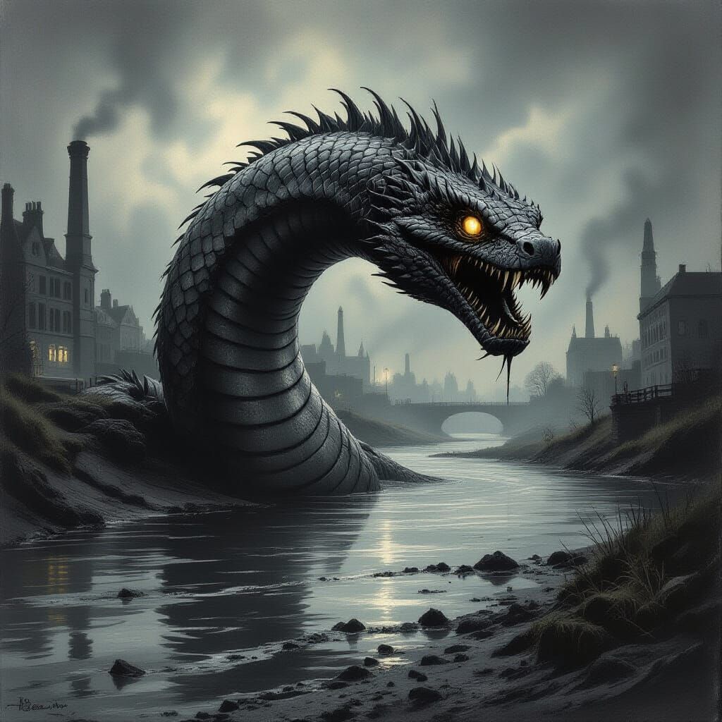 The Lambton Worm: A Colossal Serpent in Charcoal Drawing