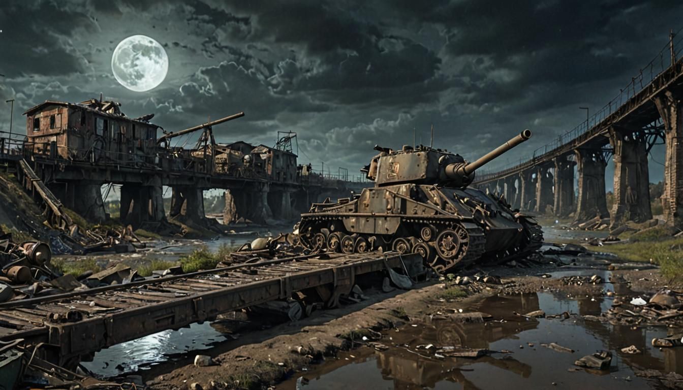 Dieselpunk Tank on Ruined Bridge in Wasteland